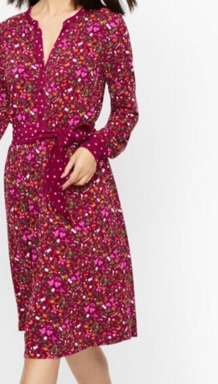 Talbots Tie Waist Fit and Flare Midi Dress Size Large Petite Pink Fruits Flowers